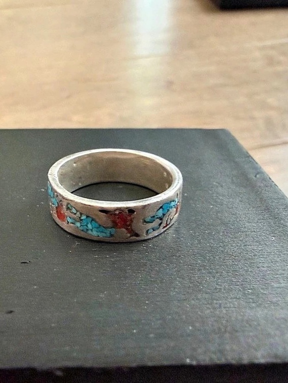Vintage Sterling Silver Southwestern Kokopelli Chip Inlay Band Ring, Turquoise